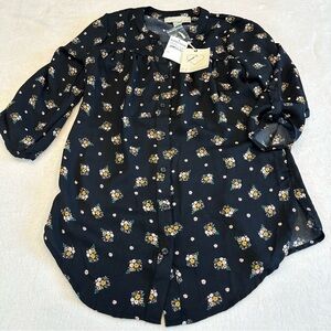 NWT By Design 3/4 Sleeve Button Front Black Floral Blouse